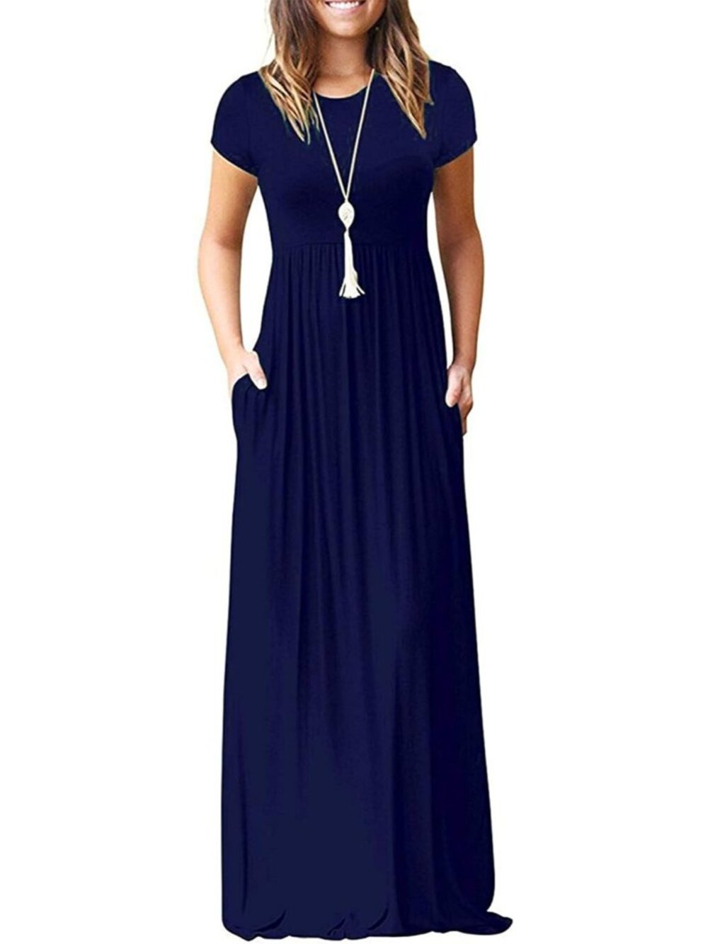 Women's Navy Blue Short Sleeve Loose Plain Maxi Pockets Casual Long Dresses